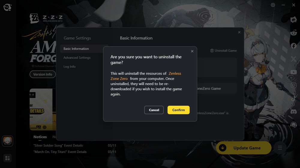 A picture of the Hoyoverse menu, asking me if I want to uninstall Zenless Zone Zero