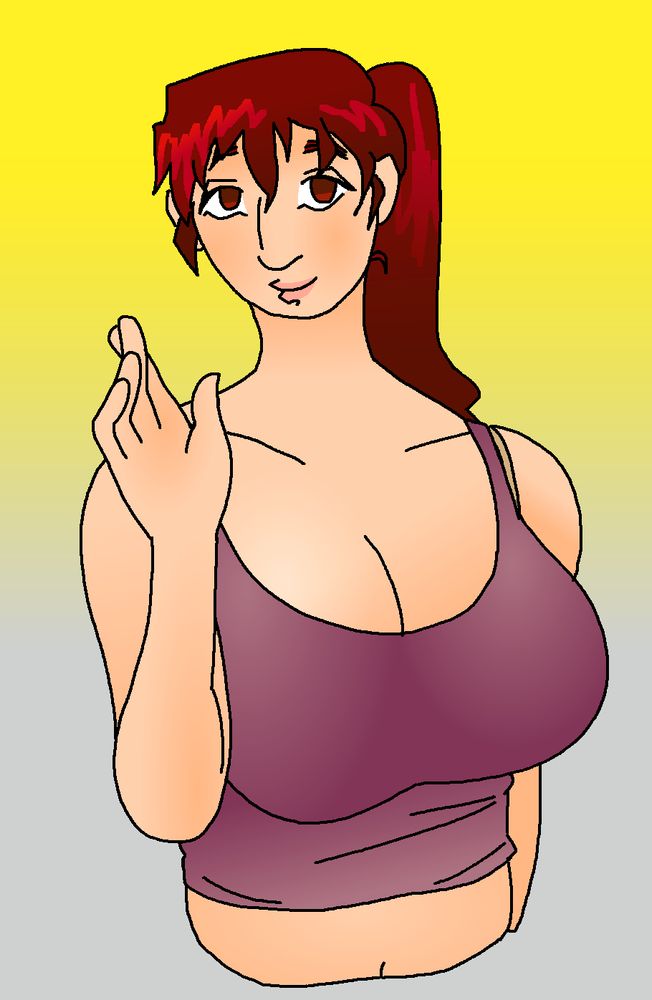 A half-body drawing of a woman with dark red hair in a ponytail and a purple tank top waving at the camera.