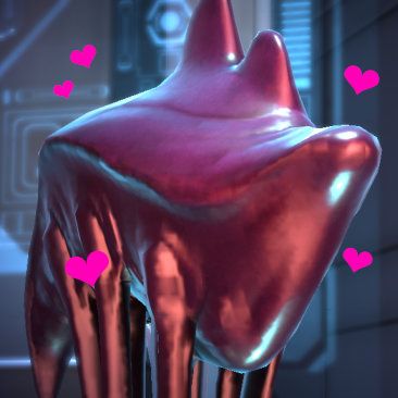 screenshot from game Mass Effect of a Hanar alien (looks like a call sack of pink goo standing on thin legs. has smooth tall ridges on it's back). I added pink heart emojis around him, too.