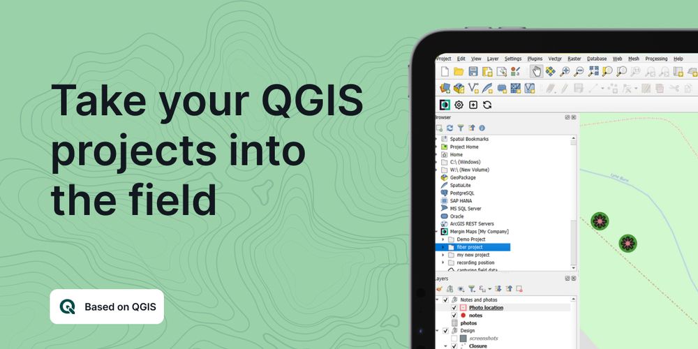 Image of laptop screen with a QGIS project and the caption "Take your QGIS projects into the field"