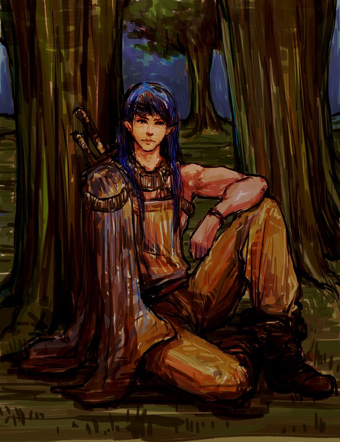 an elven warrior is resting against a tree. he has two swords on his back, a long, straight, blue hair and he dresses in a comfortable, traveling outfit, with a cape draped against one shoulder. 