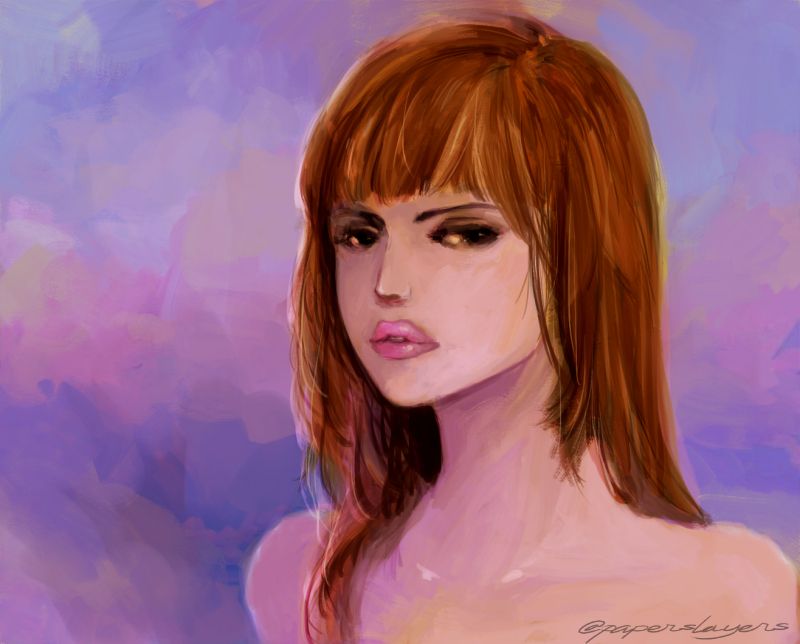 portrait of a young woman with reddish hair and pink lips. she seems to be glancing sideways at something disdainfully.