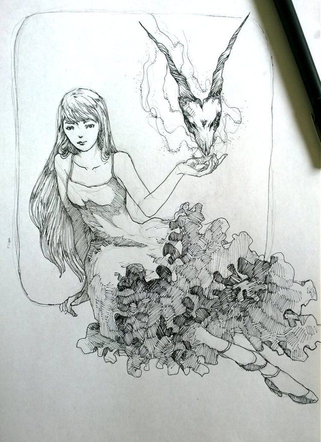 ink drawing of a woman with her hand out, summoning the head of a demon with horns and a demon mark between its eyes. she wears a dress with ruffles on the skirt, and a pair of low-heeled dancing shoes. there is a shot of the inkpen on the top right corner. 