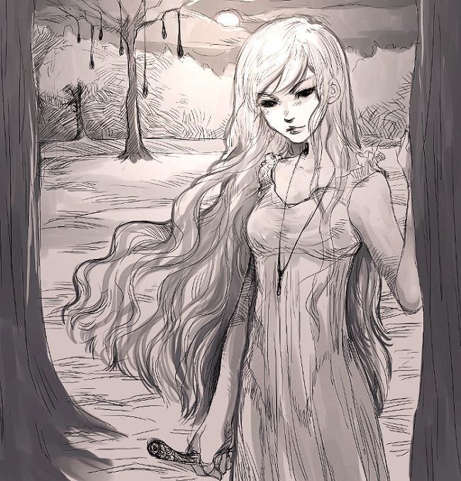 drawing of a woman standing in a woods' clearing. she wears a simple dress and she has a knife at one hand. on her neck, a lock necklace with a tiny bone as a pendant. her eyes are dark and her expression is a little unsettling. there is a tree at the background without leaves. a few fruits hang from its bare branches, each of them seems to be held by a long tendril. the sky is cloudy but lit by the light of the full moon.