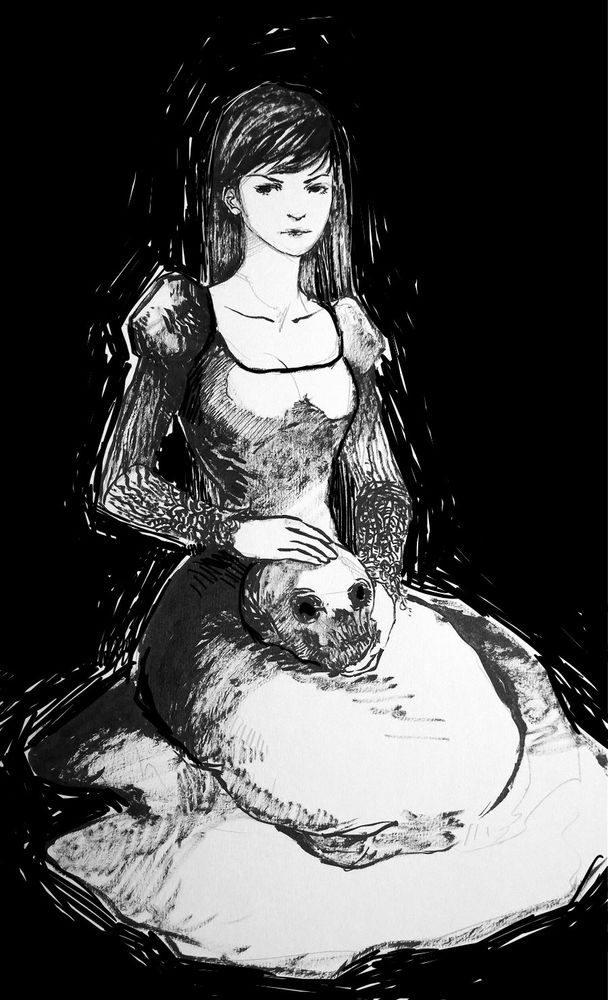 ink drawing of a woman sitting in a dark space. she has long black hair and she holds a skull on her lap. 
