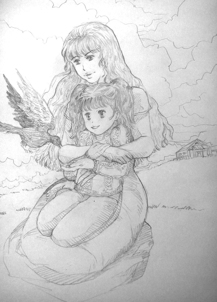 pencil drawing of a mother an her little daughter on her lap. they are visited by a small bird and the girl is holding out a hand with seeds to feed it. the mother and the daughter have happy expressions. there is a house at the far end, on top of a gentle hill, under a cloudy sky.
