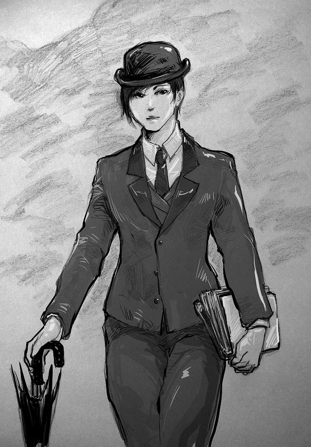 ink drawing of a person with a suit, walking with an umbrella on one hand and a pile of folders with bunch of papers in it at the other hand. the person is wearing three piece suit, with a hat on their head.