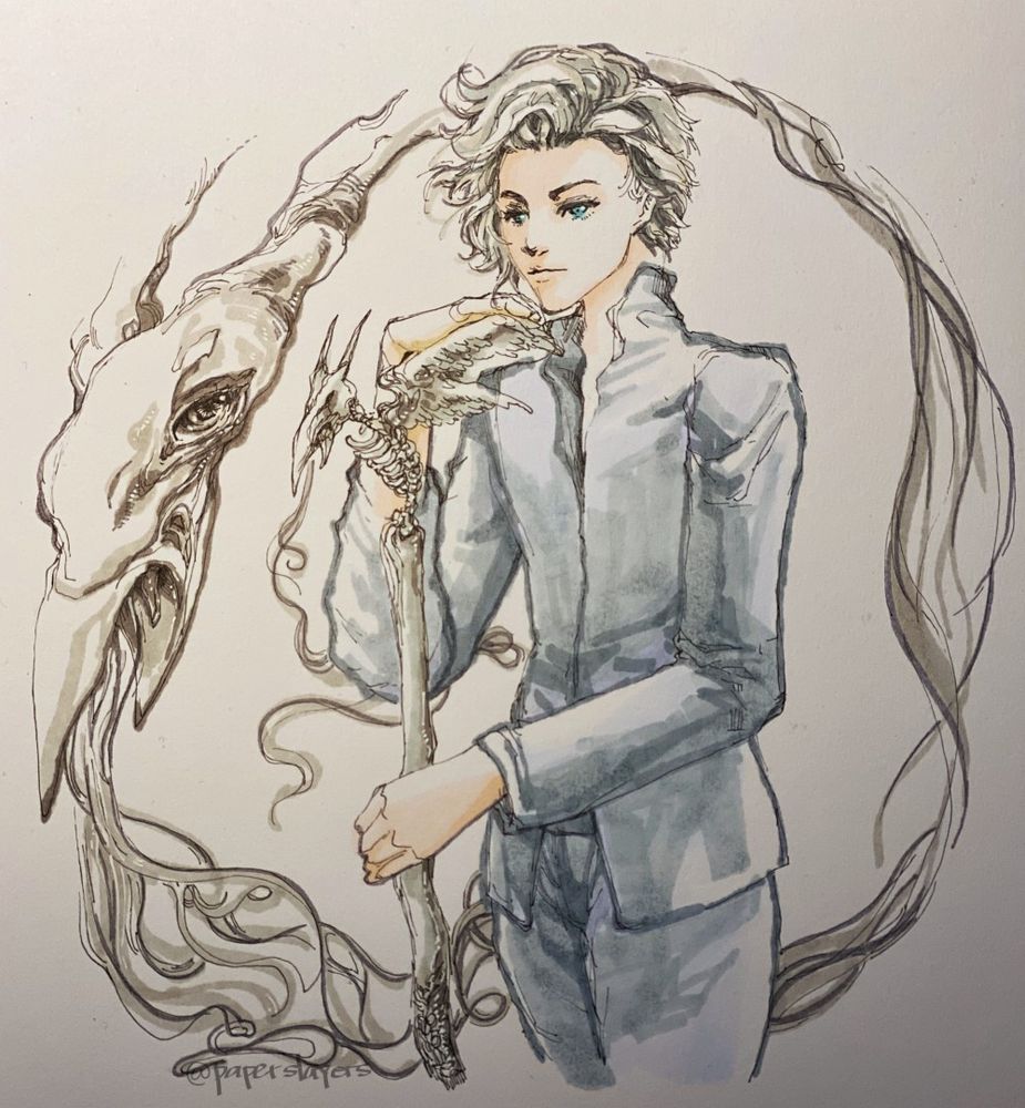 drawing of a man with an elaborate staff at hand. the staff looks like it has the bones of a small dragon as its head. the man has short but wild, pale hair, and he's wearing a high collared uniform.