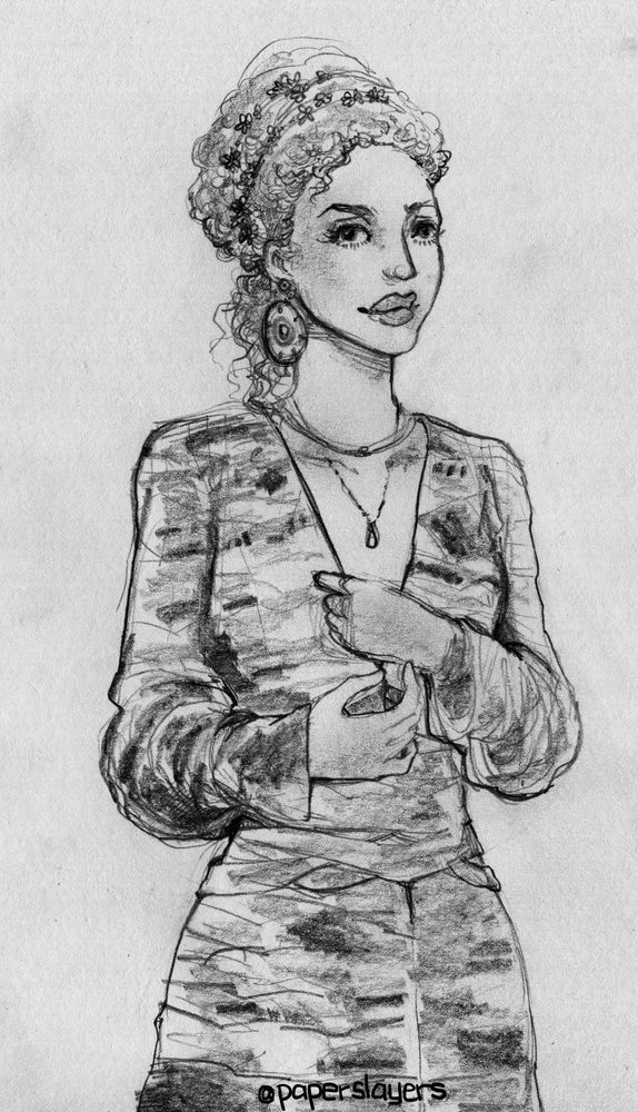 pencil drawing of a woman in a dress with a v-shaped neckline. she has curly hair, done up with tiny flowers to secure her bun, and she wears a large earring piece, and two necklaces.