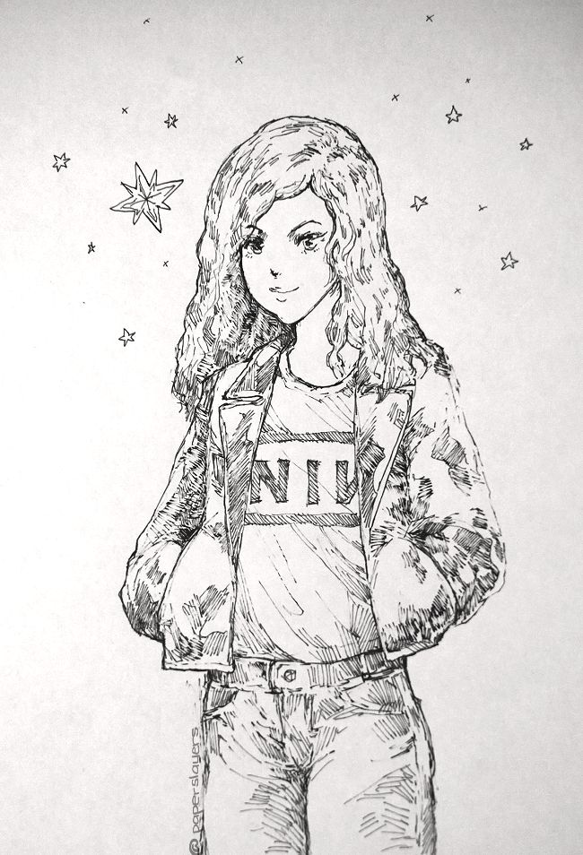 ink drawing of a young woman in leather jacket and jeans. she looks confident. she has shoulder length hair, worn loose, and she wears a t-shirt with a NIN text written across it.  there are stars at the background