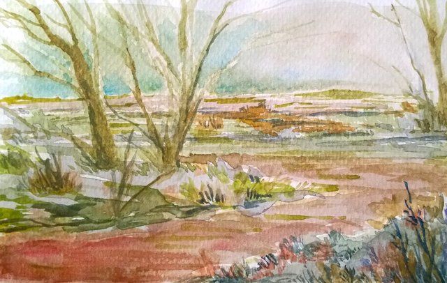 watercolour drawing of a few leafless trees and a dirt path winding away into sparse lands