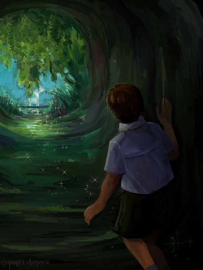 drawing of a boy going through a tunnel, at the end of which there seems to be a shining white deer.