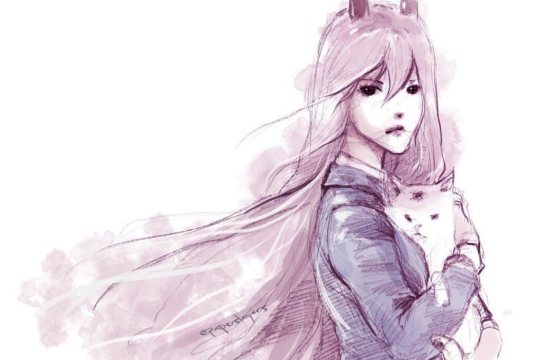 drawing of a girl with long pink car, cradling a cat to her chest. she wears a dark business suit over white shirt. there are two horns jutting out of the top of her head