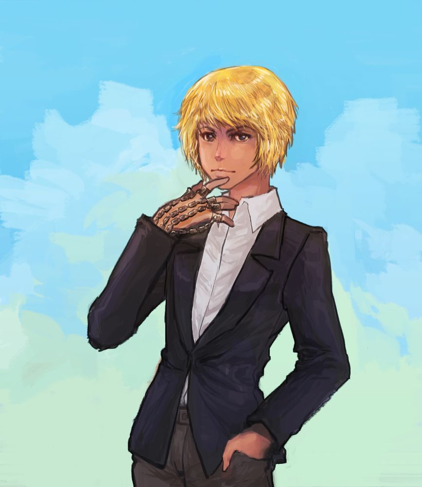 drawing of a blond boy, wearing a suit, with one hand tucked in his pants' pocket and the other held to his face, displaying a strange weapon that was a series of chains with rings that are worn at each finger.