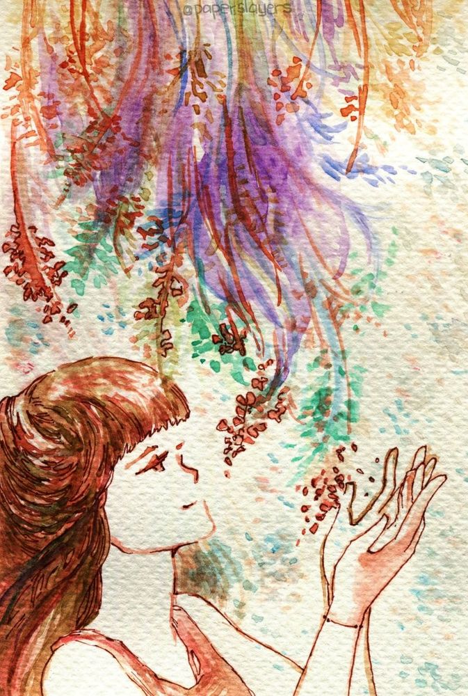 watercolour drawing of a girl holding out her hands to petals of a flowers hanging from an overhead foliage. she has brown hair, long and partially tied to the back of her head. she has a content and happy expression on her face.
