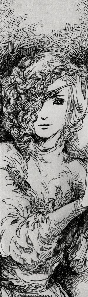 ink drawing of a woman wearing her hair as a series of braids over one side of her face, covering the right side entirely. she is smiling very slightly and her visible eye is done up with a thick dark eyeliner. she seems to be pushing against a wall or a door as if she's entering a space towards the viewer's direction