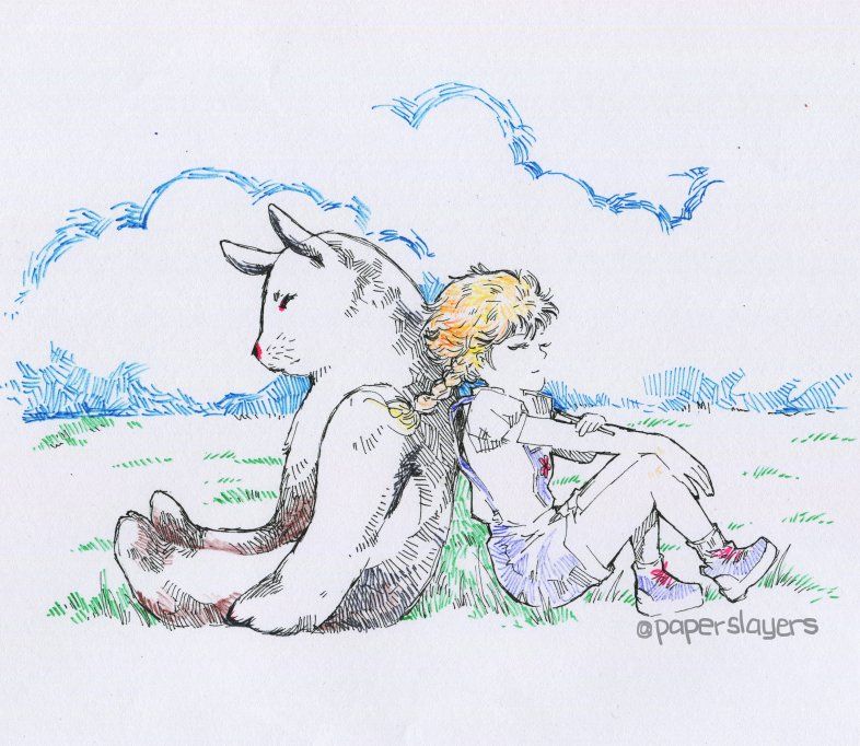 ink drawing of a girl enjoying the summer breeze with her friend, a giant bunny rabbit. they are sitting on a patch of grass under the blue sky, back to back. the girl has braids on, and she's wearing sensible shoes and a blue overall over white blouse.