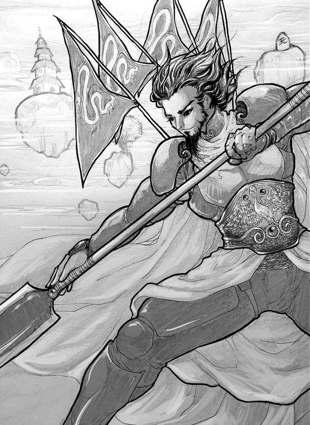 drawing of a chinese general wielding a long staff with a huge double-edged weapon head. he wears full armour, full cape, and there are flags brandished from his back. his expression is confident. at the background, there are floating islands with stones and pagoda on them. 