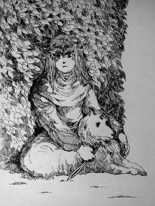 ink drawing of a guardian who is tasked to guard the last known fabled one-horned creature. they are hiding between foliage during their escape. the guardian is holding the creature protectively, with one hand wielding a dagger.