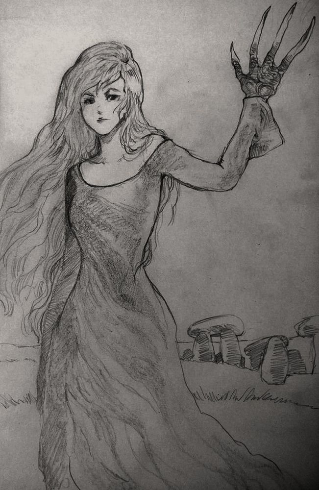 a pencil drawing of a woman in dark clothes, walking alone in a moonless night near a structure of standing large stones. she's holding out her arm to the sky as it's turning into a claw. 