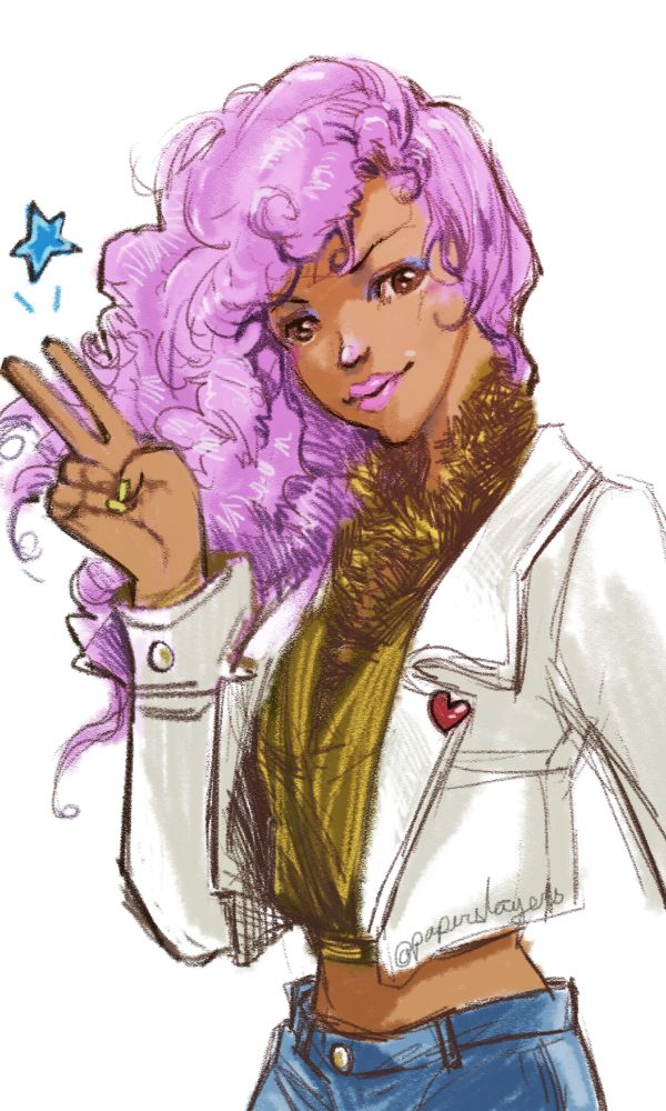 drawing of a dark skinned young woman, with pink hair and colourful eye shadow make up. she's greeting someone cheerfully. her nails are coloured yellow and she's wearing a crop top with fuzzy collars,white jacket, and a pair of blue jeans.