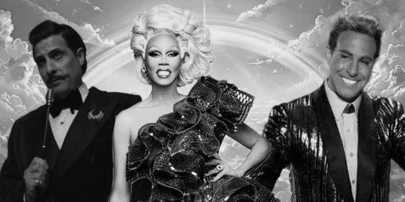 black & white photo of lucretius (lucky) flickerman, rupaul flickerman, and caesar flickerman in front of a rainbow