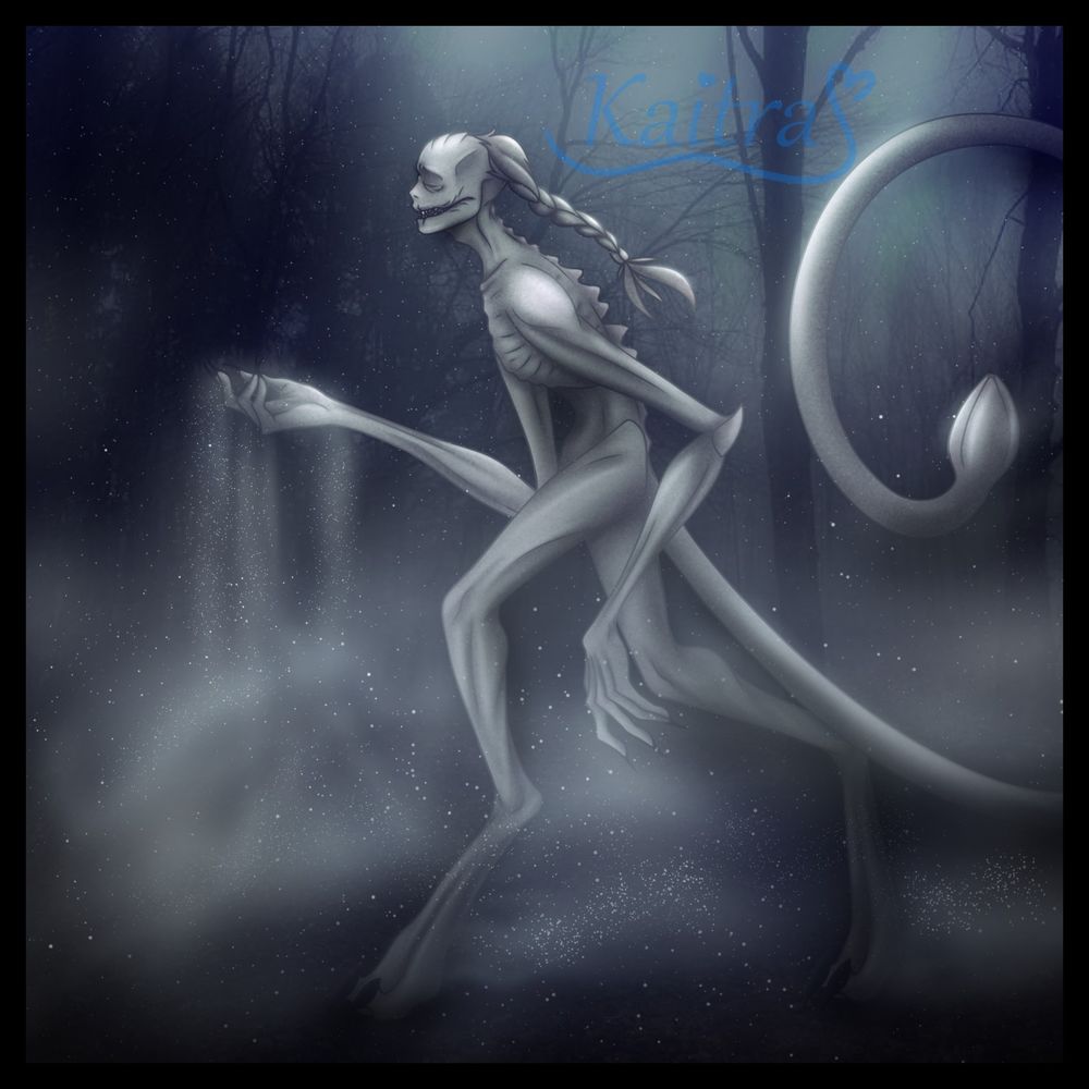 A tall, pale humanoid with big feet, a long tail, long limbs, and no eyes walking through the foggy forest at night.