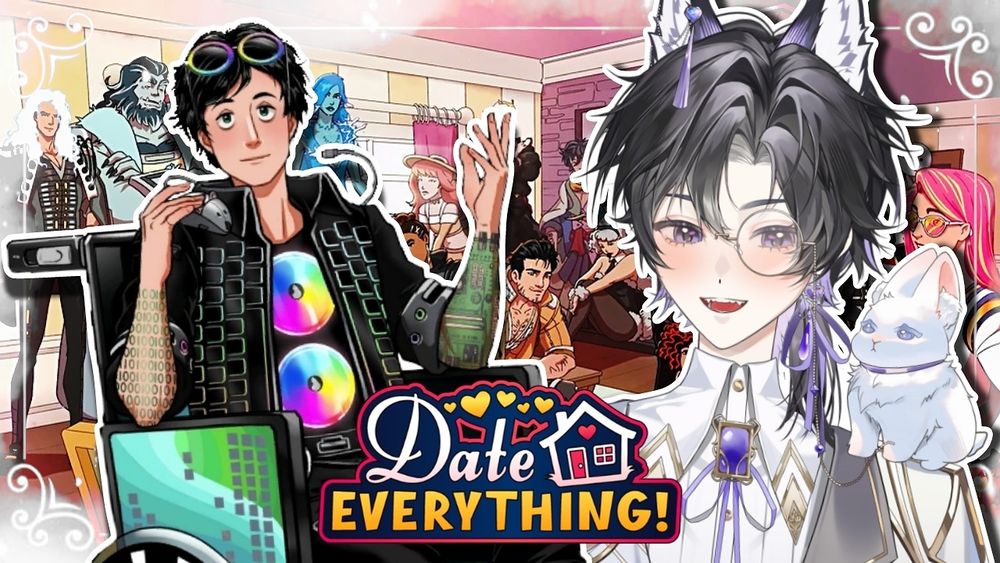 A Date Everything thumbnail with CYRA on the right side. On the left side beside them is Mac, a character from the same game. Behind Mac & CYRA is a series of characters from Date Everything.