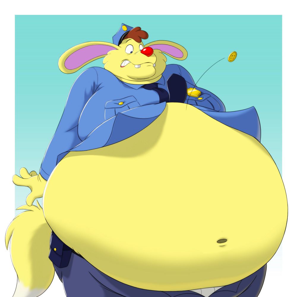A fat cartoon bunnyfox wearing an ill-fitting police uniform. One of the buttons popped off, so his large tummy is fully out