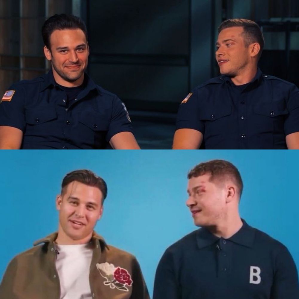 split photo of Oliver Stark looking at Ryan Guzman fondly during 9-1-1 promo interviews for their characters Buck and Eddie over the years.