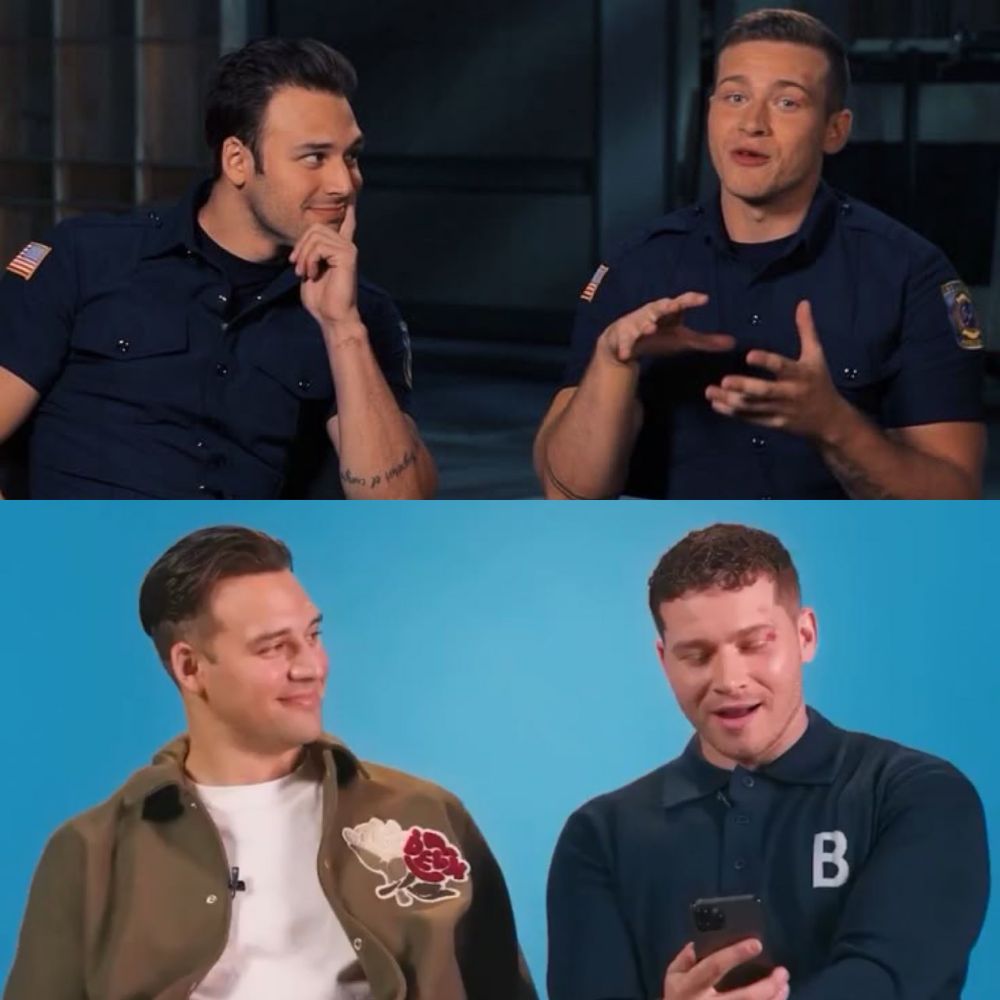 split photo of Ryan Guzman looking at Oliver Stark fondly during 9-1-1 promo interviews for their characters Eddie and Buck over the years.