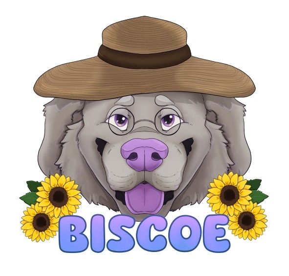 Image of a Newfoundland Dog wearing a Brown Sun Hat with a pair of round, black pair of glasses. The name "Biscoe" is written at the bottom of the screen with yellow sunflowers on both sides of the name. 