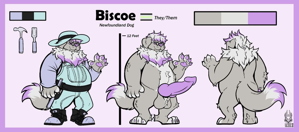 A NSFW reference sheet of Biscoe. It's identical to the previous reference sheet, except that Biscoe has a huge, pink knot and grey balls with a white tuft on said balls

