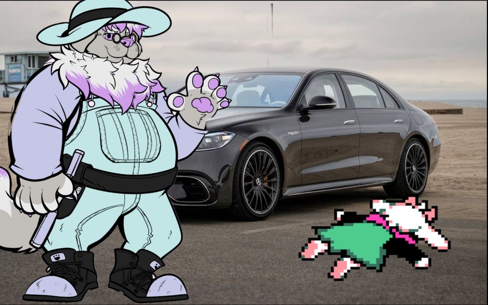 A picture of Biscoe standing near Ralsei from Deltarune who is laying on the ground near a Mercedes Benz.