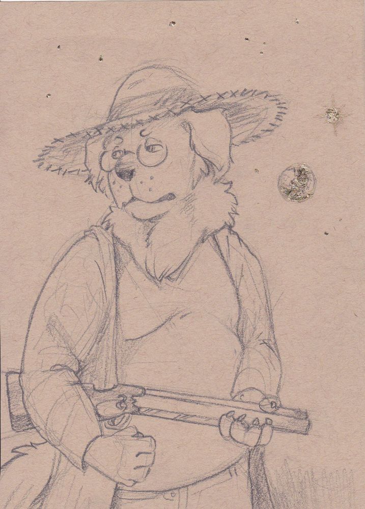 Image of Biscoe, an anthropomorphic Newfoundland Dog, is wearing a straw hat on their head, round glasses on their face, a opened cardigan with a t-shirt on their chest, as well as wearing a pair of jeans.

They are currently on the moon with a guilt ridden expression on their face, as well as carrying a double barreled shotgun on them. Stars and the planet Earth can be seen in the background. 