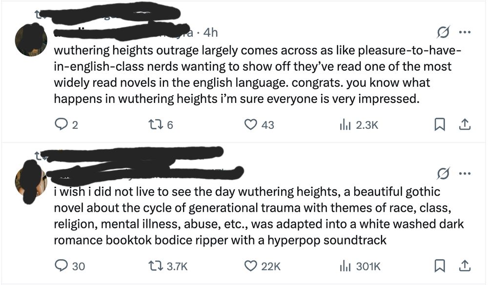 Two tweets about Wuthering Heights, one complaining about ruining the gothic novel, one complaining about people bragging about having read it.
