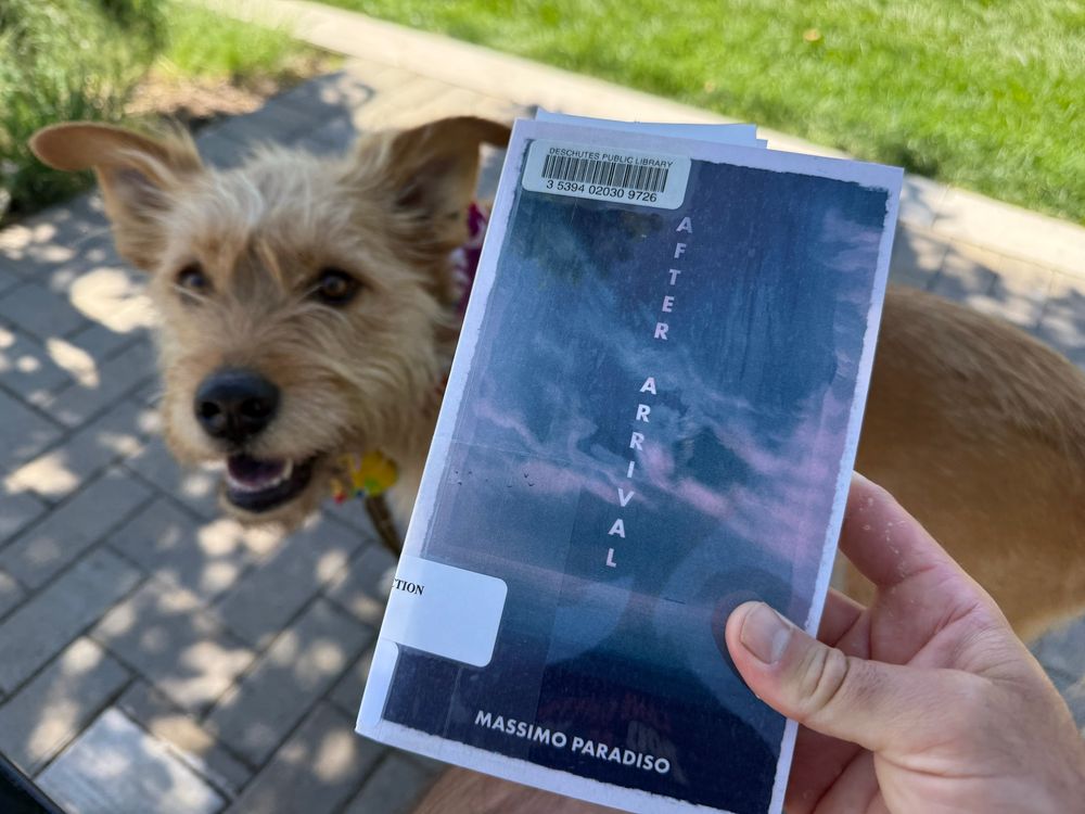 A person holds a copy of the book After Arrival by Massimo Paradiso, checked out from Deschutes Public Library. The book is in focus with a library barcode on top. In the background, a happy, scruffy tan dog with perked-up ears looks at the camera, standing on a sun-dappled brick path with green grass beyond.