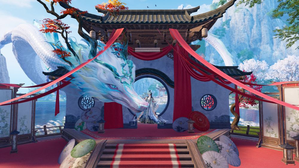 infinity nikki dragon in front of stage with niiki 