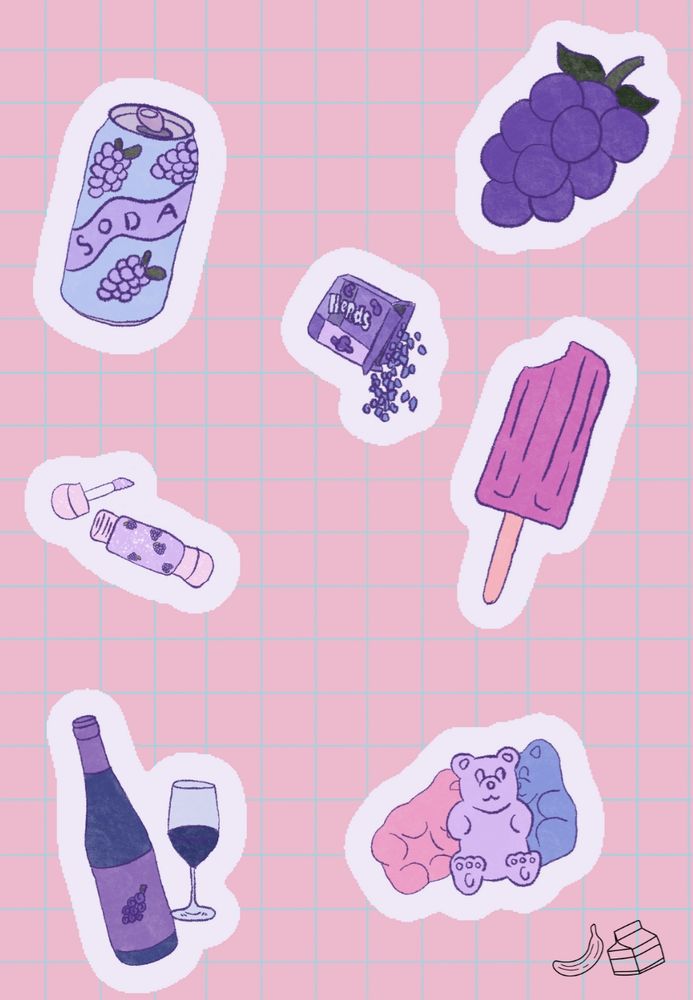 A drawing of different doodles that are all grape themed. Listed in a counter clockwise order starting from the top left: a can of grape soda, grape lipgloss with the applicator out of the jar, a bottle of wine and a half full wine glass, three gummy bears colored pink and purple, a popsicle with a bite taken out of the top, a box of purple Nerds with candy spilling out of an open end, and a bunch of purple grapes with two green leaves and a stem. There is a pink background with a blue grid. 