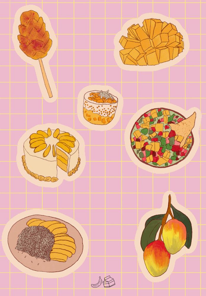 Mango themed drawing with a sliced mango on a stick with tajin, a mango cake, sticky rice and mango, a branch with two mangoes, a bowl of mango salsa with a tortilla chip in it, mango sago, and a sliced mango. 