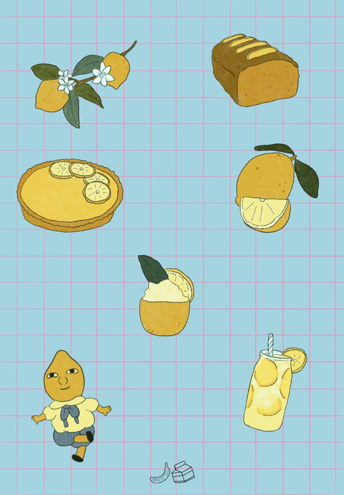 A lemon themed drawing with a lemon branch, a lemon loaf, a lemon tart, a lemon with a lemon wedge, a lemon sorbet in a lemon cup, lemongrab’s doll from adventure time, and a glass of lemonade with lemon wedges floating in the glass and a blue striped straw. 