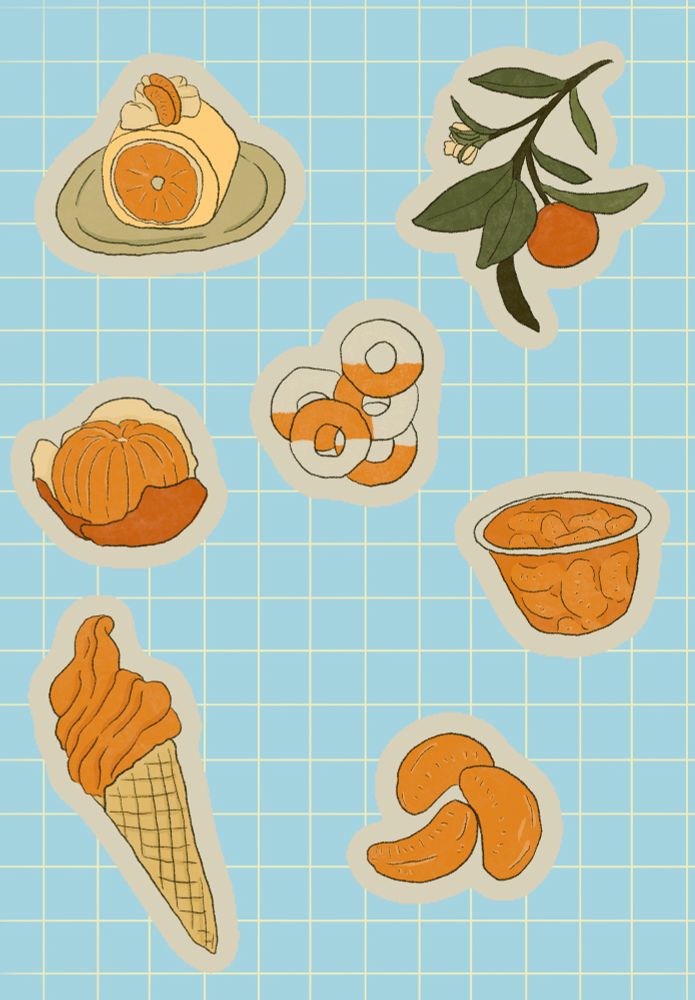 A tangerine themed drawing with doodles including a tangerine roll cake, a tangerine tree branch, a peeled tangerine, gummy candies, a tangerine cup, an orange ice cream cone, and some tangerine slices. 