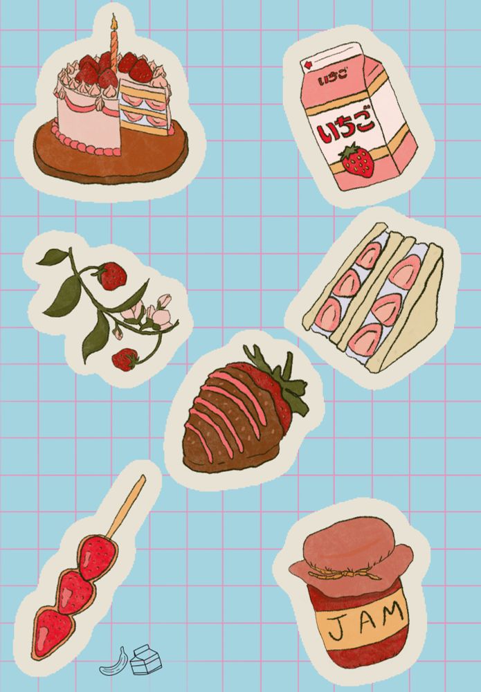 A drawing of different doodles that are all strawberry themed. Listed in a counter clockwise order starting from the top left: a strawberry cake with a slice cut out, a strawberry vine with flowers on it, strawberry tanghulu, a chocolate dipped strawberry, a jar of strawberry jam with cloth wrapped on the lid, a strawberry cream sandwich, and a strawberry milk carton. There is a blue background with a pink grid. 