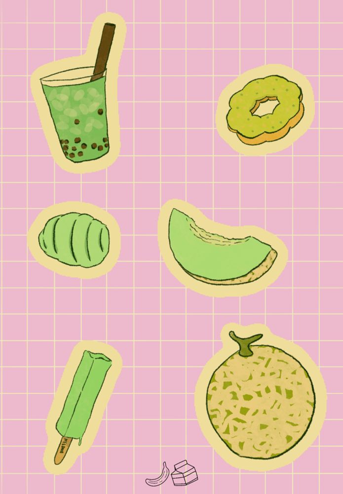 A honeydew themed drawing with honeydew boba, melon bread, a melona popsicle, a whole honeydew, a slice of honeydew, and a mochi donut. 