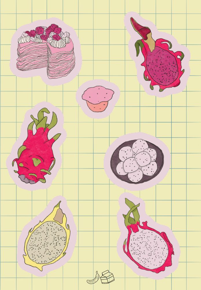 A dragonfruit themed drawing with a crepe cake topped with diced dragonfruit, a whole pink dragonfruit, a halved yellow dragonfruit, a halved pink dragonfruit, a bowl of balled dragonfruit, a dragonfruit cupcake, and a halved red dragonfruit. 