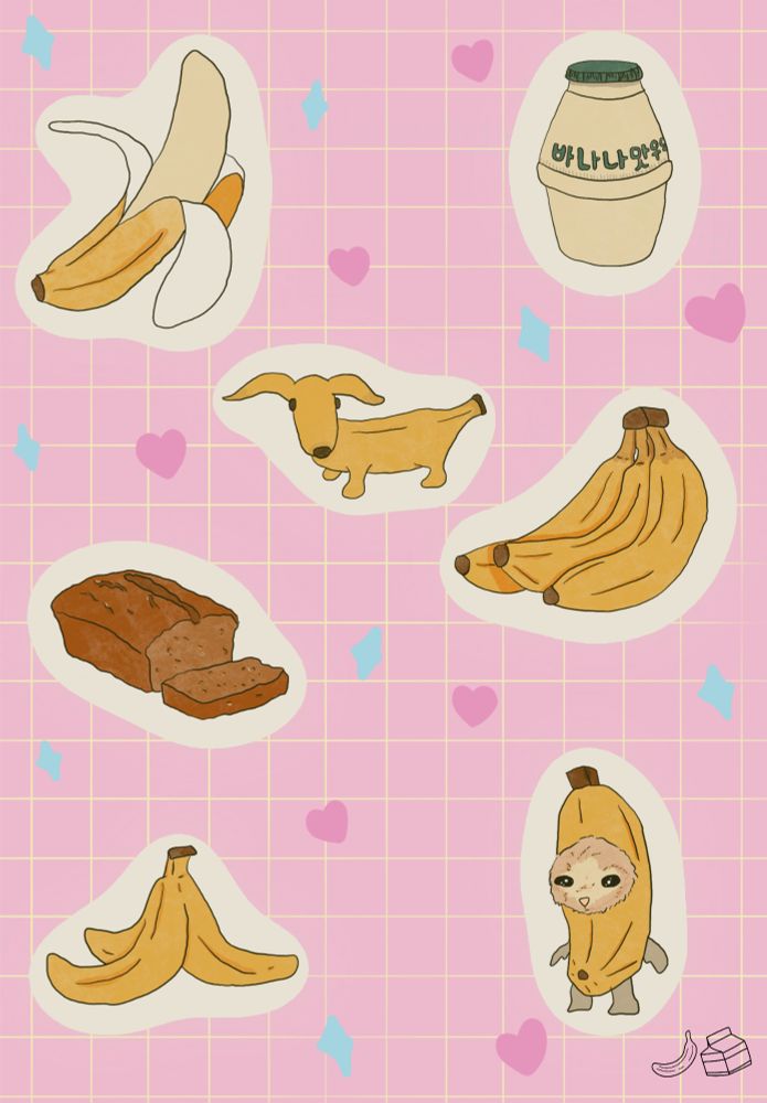 A drawing of different doodles that are all banana themed. Listed in a clockwise order starting from the top left: a partially peeled banana, a dog shaped like a banana, banana milk korean drink, a bunch of bananas, the banana suit cat meme, a banana peel, and a loaf of banana bread with a slice cut. There is a pink background with a yellow grid and darker pink hearts and blue stars. 