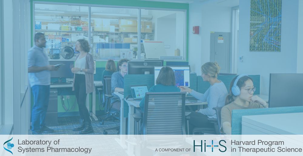 Several people working inside of the Laboratory of Systems Pharmacology (LSP) office. On the left, two stand and talk. On the right, three people work alone and two others discuss an image on a computer screen. A lab space is visible through a window in the background.

Bottom banner includes LSP logo and branding: a component of HiTS, Harvard Program in Therapeutic Science