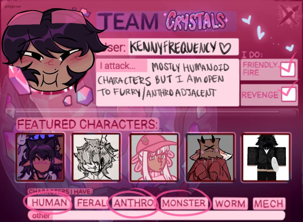 an artfight team poster with 5 characters and a profile picture. username kennyfrequency