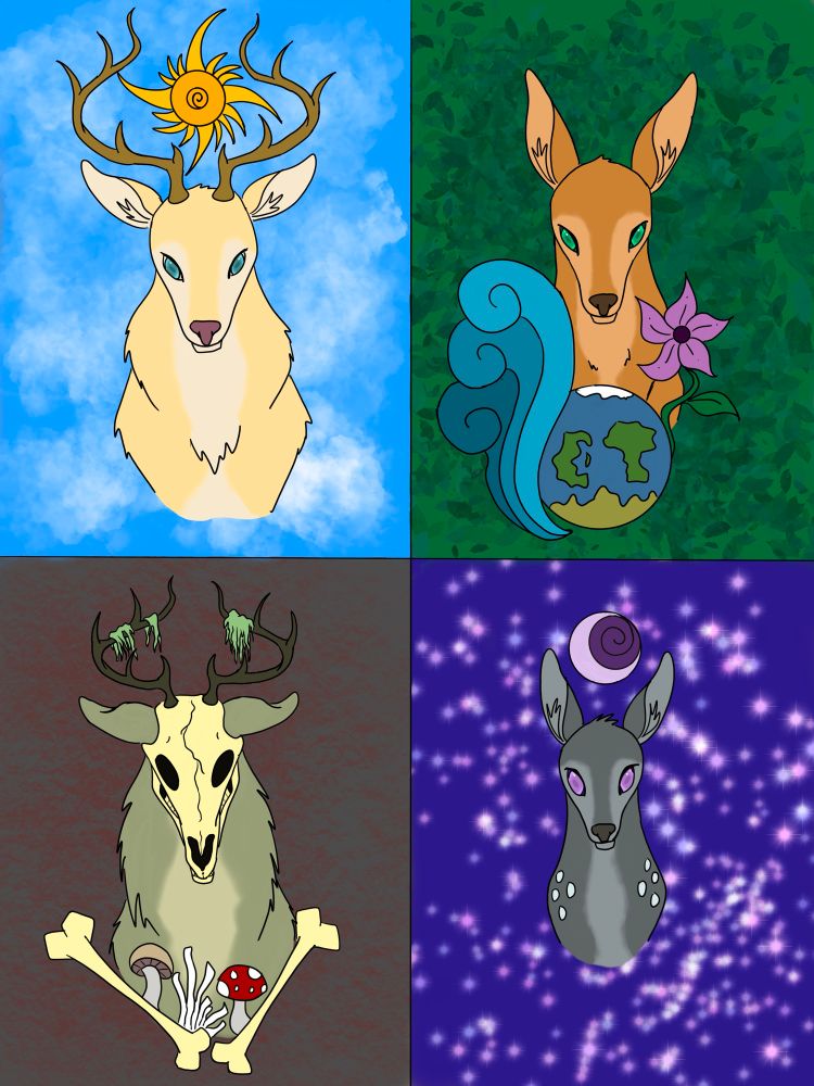 Shows four deer. A pale yellow stag with the sun in his antlers, a doe with a planet bounded by a flower and a wave. A skull faced stag with bones and fungus and moss on his antlers, and a grey fawn with the moon above her head.
