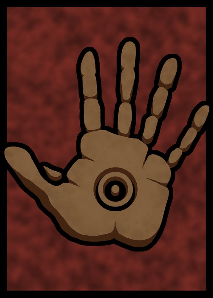A Playing card back, with a think black outline, maroon background, and a stone hand print in the middle with an eye in the palm